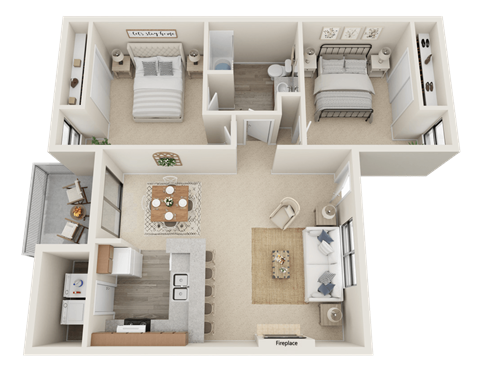 Huntington Pointe B1 Floor Plan 826 sq feet 2 bed 1 bath